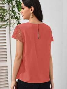 SHEIN Clasi Guipure Lace Sleeve Keyhole Neck Blouse,Summer Top - Watermelon Pink - View 2