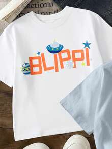 Blippi X SHEIN 2件/套 男童卡通印花圆领短袖休闲T恤，夏季 - 彩色 - 查看 5