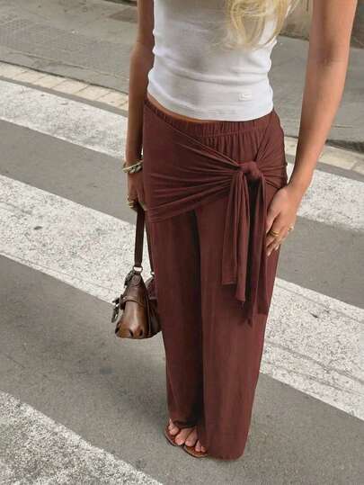 BizChic 春夏新款咖啡棕色弹力腰针织喇叭裤，配有可拆卸系带，适合多种场合。