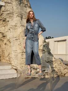 MOTF PREMIUM 衬衫式牛仔修身连衣裙，春夏款 - 中等水洗藍 - 查看 7