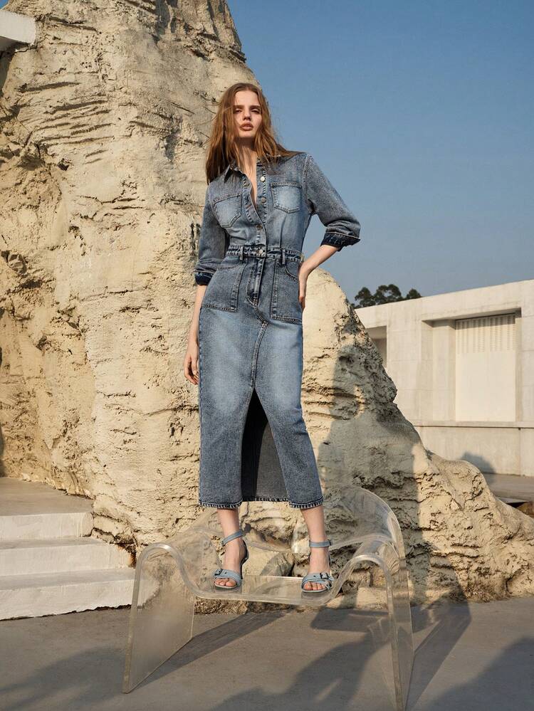 SHIRT-STYLE DENIM FITTED DRESS, SPRING/SUMMER