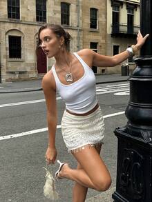 Siren Gaze Spring/Summer New Beaded Embroidered Shell Tassel Midi Skirt For Women - Apricot - View 1