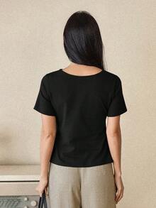 Dazy-Less Women's Loose Casual Chic Polo Collar "Old Money" T-Shirt, Suitable For Spring/Summer, Valentine's Day, Office Wear - Black - View 2