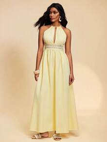 Travachic Đầm nữ tối giản màu trơn phối ren, hở lưng, cổ yếm, trang phục đi nghỉ xuân hè, đầm hè, đầm đi biển, trang phục đi biển cho nữ, trang phục nghỉ mát cho nữ, đầm thường ngày cho nữ, đầm màu vàng. - Màu vàng - Xem 5