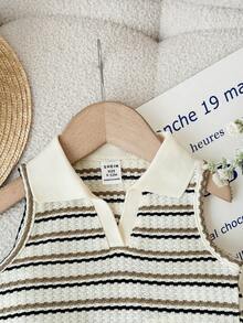 SHEIN Conjunto de top de tirantes con cuello polo a rayas y shorts con volantes de cintura elástica, estilo lindo para bebé niña en verano - Caqui - Ver 4