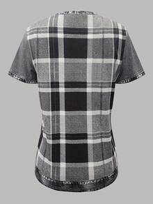 EMERY ROSE Casual Plaid & Denim Print Short Sleeve T-Shirt, Summer - Multicolor - View 2
