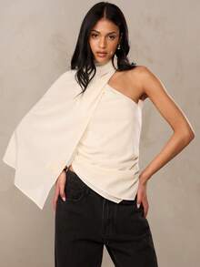 SHEIN BAE Elegant Chiffon Flowy Asymmetric Cold-Shoulder Top, Suitable For Elegant Top, Brunch Top, Wedding Guest Top, Summer Top, Apricot Top, Cream Top, Summer For Women, Going Out Top For Women, Summer Holidays, Casual Blouse For Women, Spring Top Women, Works For Women, Fashionable Top, Flowy Top, Casual Blouses For Women, Women's Cruise - Apricot - View 7