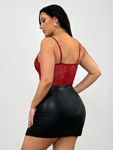 Firerie 大码优雅舒适性感蕾丝撞色网纱弹力连体衣，适合情人节、音乐会、演出、约会、正式晚宴、派对等场合，性感、优雅、通勤、海滩、浪漫、OL风、美人鱼风格、生日派对等。 - 酒紅色 - 查看 3