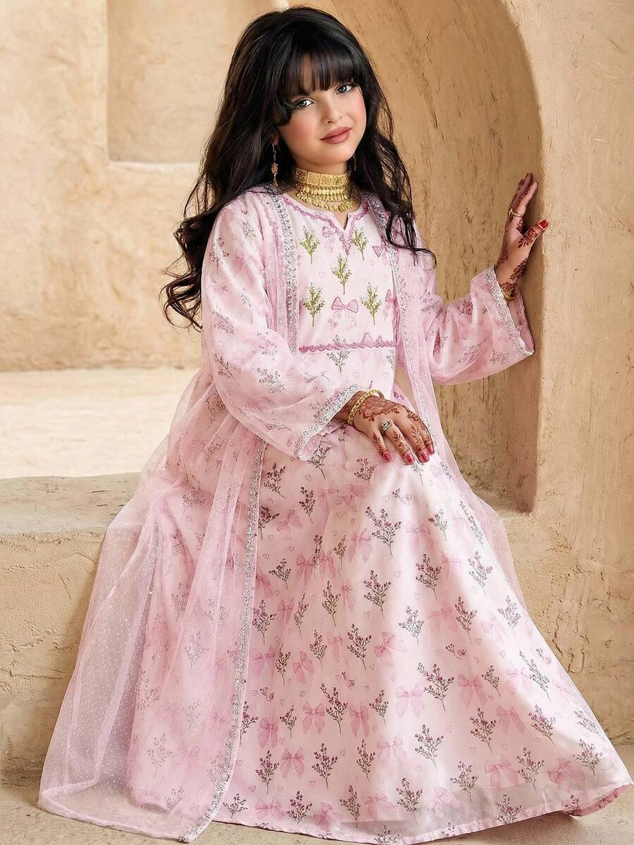 SHEIN Đầm dài tay dệt thanh lịch dành cho bé gái tuổi teen - Hồng - Xem 1