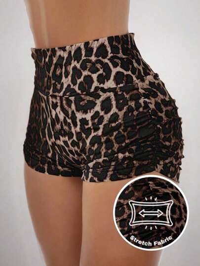 SHEIN EZwear 大码女式豹纹褶皱打底短裤