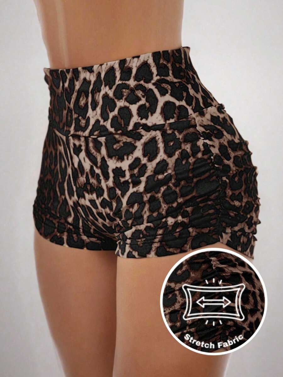 SHEIN EZwear 大码女式豹纹褶皱打底短裤 - 彩色 - 查看 1