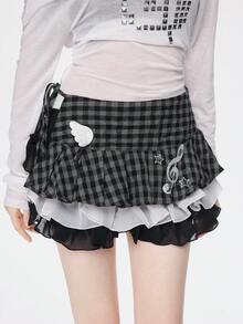 ROMWE Anime 1件 Y2K Baddie Kawaii Sweet Retro Plaid Pop Art Polka Dot Wing Note Mass Produced Lace Up Waist Accessor, Suitable For College, Shopping, Concerts, Et. - 黑色 - 查看 5