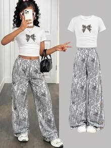 Tween Girls Bestselling Leaf Print 2 Pieces Knit Set, Casual, Fashionable, Versatile, Suitable For Outings, Sister Photo Shoots, Park Trips, Camping, Vacations, Daily Casual Wear - Multicolor - View 1