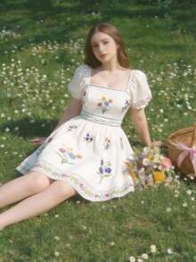 SHEIN MOD 大码女式花卉印花波西米亚风格长裙，适合度假，浪漫夏季服装，女士度假装，沙滩装，西式服装，女式印花长裙 - 杏色 - 查看 5