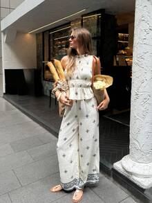 Serisse Women's Mandarin Collar Sleeveless Ruffle Hem Allover Print 2 Pieces Set, Summer - White - View 1