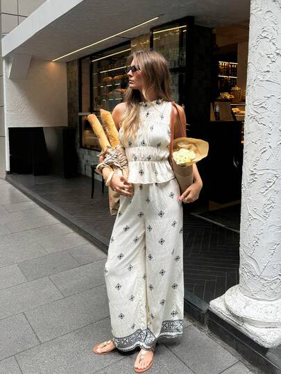 Serisse Women's Mandarin Collar Sleeveless Ruffle Hem Allover Print 2 Pieces Set, Summer