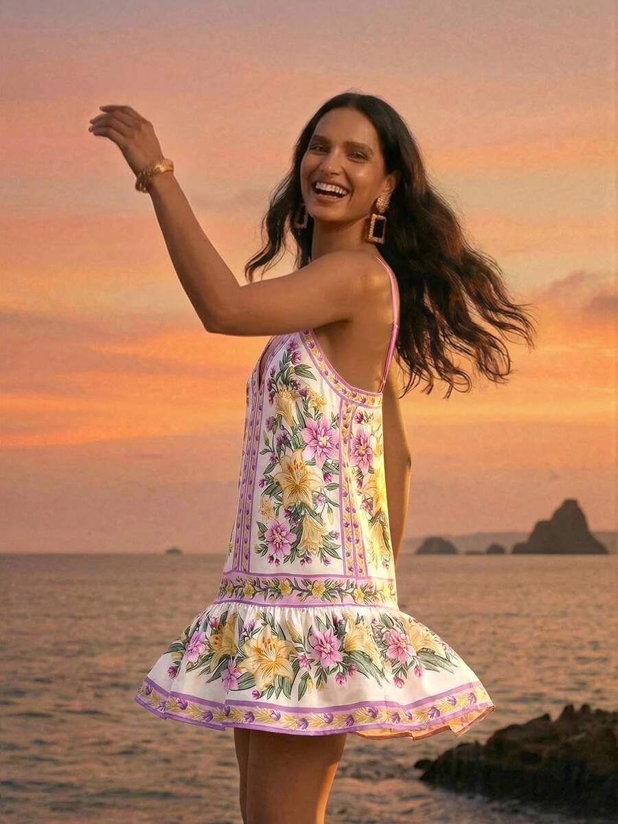 CAJUNI 女士印花荷叶边性感时尚吊带度假连衣裙 - 彩色 - 查看 1