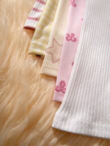 SHEIN 5pcs Baby Girls Toddler Cute Sweet Strawberry Star Striped Print Ribbed Knit Leggings Soft Stretchy Elastic Waist Long Pants Trousers Tights Bottoms Set Casual Daily Playwear Vacation Birthday Gift Spring To Summer Essentials Clothing - Multicolor - View 4