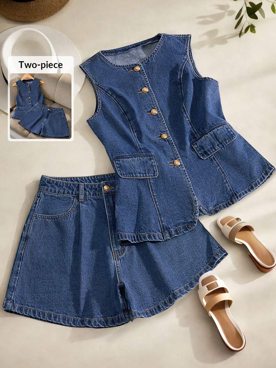 GlowEve 女士圆领单排扣无袖上衣和纽扣口袋牛仔短裤休闲套装 - 藍色 - 查看 1