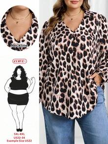 SHEIN CURVE+ 大码女装秋冬休闲宽松舒适V领黑色长袖衬衫，秋季女装，女式衬衫，大码上衣，复古风，黑色上衣，商务休闲女装，办公室女装，W码，教师衬衫，女士秋冬服装，冬季，大码 - 棕色 - 查看 2