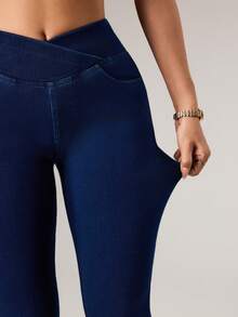 Dewbera 女士牛仔运动裤 高腰针织喇叭裤 提臀塑形 百搭休闲 - 藍色 - 查看 7