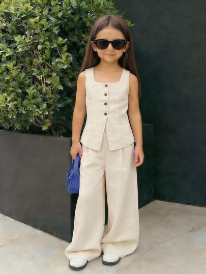 SHEIN 2pcs/Set Young Girls Linen-Like Striped Camisole Vest + Pants, Cute Casual Daily Fashion Versatile