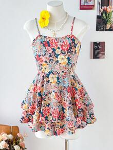 SHEIN Tween Girl Ditsy Floral Tie-Back Double Ruffle Hem Cami Dress, Suitable For Beach Vacation And Outing, Spring/Summer - Pink - View 2