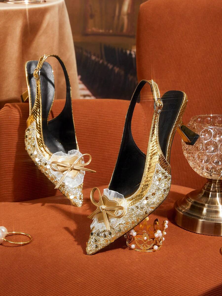 CUCCOO TILAWA Shiny Galaxy Silver Sequin High Heel Sandals For Women, Summer - Gold - View 1