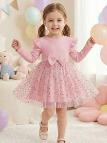 Souflis Souflis Cute Baby Girls Pink Round Neck Long Sleeve Geometric Star Short Dress With Ruffle Details And Bow - Pink - View 1
