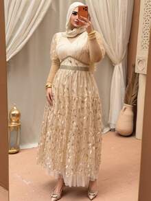 Dazy Plus Plus Size Women's V-Neck Contrast Color Leaf Embroidery Waist Cinched Party Dress, Spring/Summer Sundress - Gold - View 1
