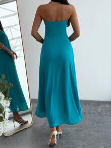 Aloruh New Romantic V-Neck Strapless Plunging Neckline Maxi Flowy Dress, Macaron Blue-Green, A-Line Silhouette, Flattering - Mint Blue - View 8