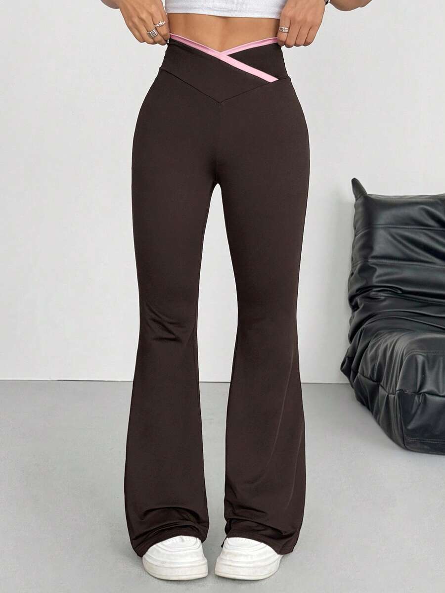 SHEIN EZwear 女士休闲喇叭裤，撞色腰带，粉色和棕色，春夏款 - 彩色 - 查看 1