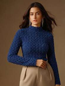 Anewsta Kemeja Dalam Leher Tinggi Berenda Elegan untuk Wanita, Atasan Lapisan Musim Gugur/Dingin Berkualitas Tinggi - Navy Blue - View 6