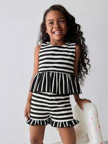 Maija Kids 2pcs/Set Young Girl Striped Vest And Shorts Set - Black and White - View 5