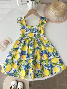 LMoss Kids Young Girl Chiffon Ditsy Floral Square Collar Ruffle Hem Casual Dress - Multicolor - View 3