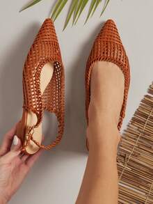 SHUZIA 女式宽版时尚编织尖头露跟平底鞋 - 棕色 - 查看 4