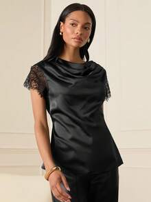 Lilora Blusa suelta de manga corta con cuello de encaje con volantes en color negro, estilo "Old Money" de los años 2000, para el Día de San Valentín, baile de graduación, primavera y vacaciones de verano. - Negro - Ver 6