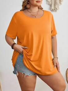 SHEIN CURVE+ Áo thun tay ngắn cổ tròn màu trơn cỡ lớn kiểu dáng thường ngày - trái cam - Xem 5
