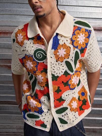 AXEPEAK Men's Floral Pattern Front Button Hollow Out Casual Short Sleeve Sweater