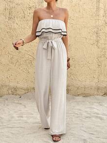 SHEIN Frenchy Bộ áo liền quần nữ dáng rộng, phối màu tương phản, có bèo nhún ở gấu, thích hợp cho mùa hè. - Màu be - Xem 4