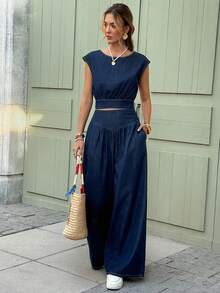 Serisse Women's Round Neck Dolman Sleeve Top And Wide Leg Jeans Casual Outfit Summer - Blue - View 5