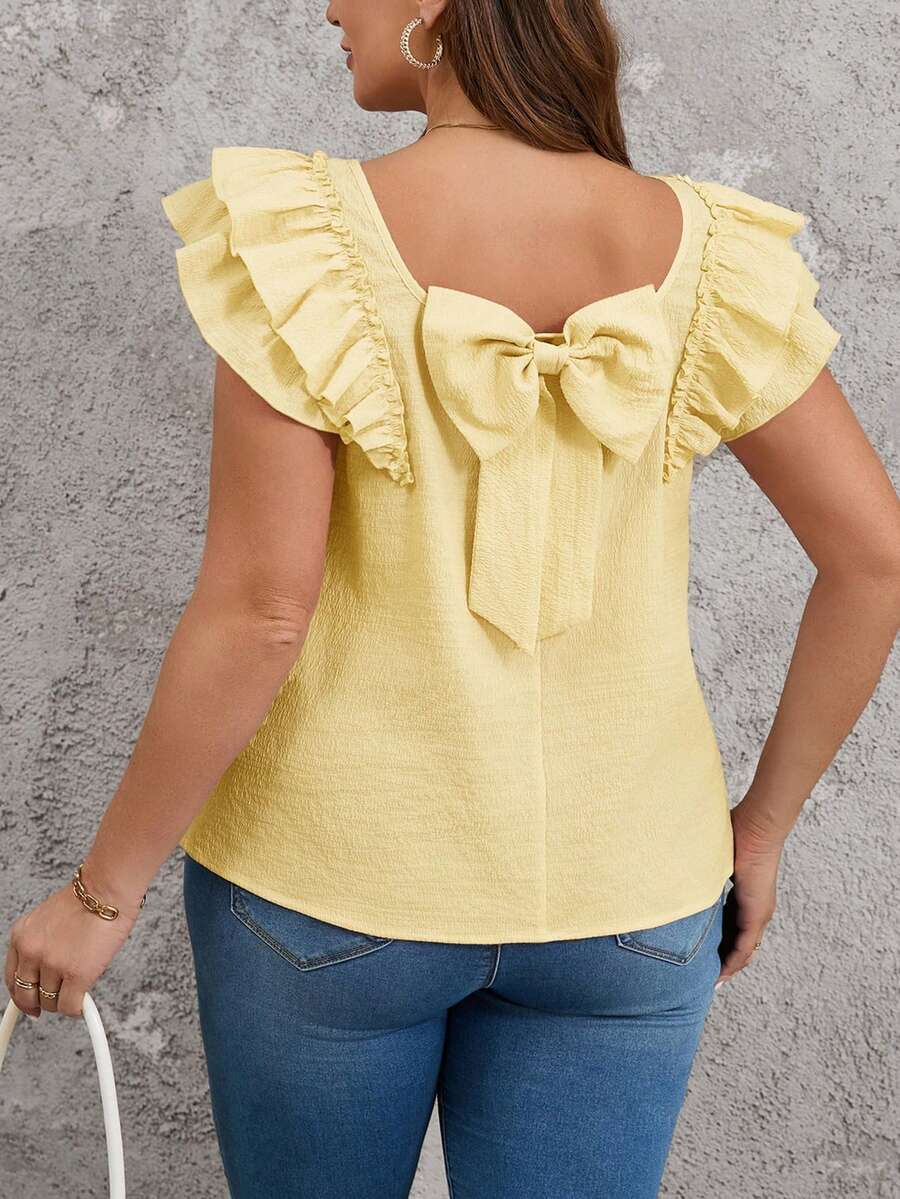 SHEIN Clasi Square Neck Double Layer Cap Sleeve Shirt With Bow Decor At Back - Cream - View 1