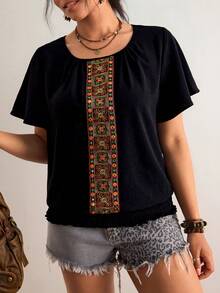 SHEIN VCAY 大码圆领短袖复古优雅简约衬衫 - 黑色 - 查看 6