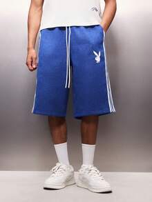 PLAYBOY X SUMWON Celana Pendek Basket Jersey Logo Kelinci dengan Pinggang Elastis Bertali dan Detail Garis Samping untuk Pakaian Kasual Musim Panas - Biru - View 4