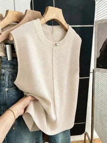 EMERY ROSE Chaleco de punto unicolor de manga murciélago - Albaricoque - Ver 3