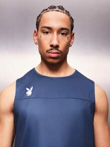 PLAYBOY X SUMWON Logo Regular Fit Tank Top With Back Text Detail Sleeveless Crew Neck Summer Casual Streetwear - Blue - View 6