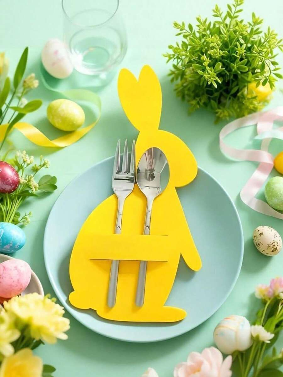 Zazumi 10pcs Easter Felt Cutlery Bag, Colorful Rabbit Cutlery Clip, Easter Placemat, Cutlery Storage Ornament Set, Spring Easter Decorative Items, Suitable For Easter Table Decoration - Multicolor - View 1