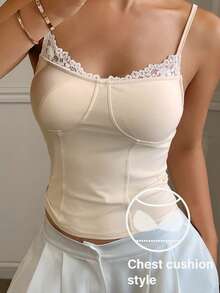 DAZY Lace Patchwork Camisole Top With Built-In Padded Bra For Women - Beige - View 3