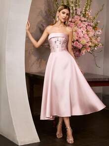 MOTF PREMIUM ELEGANT STRAPLESS ANKLE-LENGTH A-LINE SATIN PARTY DRESS WITH FLORAL RHINESTONE, CINCHED WAIST, CRISSCROSS BACK STRAPS – ELEGANT LUXURIOUS STYLE IDEAL FOR WEDDINGS, GALA DINNERS, AWARD CEREMONIES, CELEBRATIONS - Pink - View 6