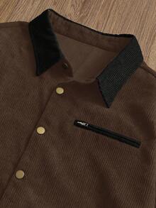 SWAVVY 男士休闲通勤灯芯绒撞色落肩宽松夹克，秋季款 - 棕色 - 查看 3